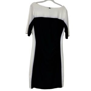 Lauren Ralph Lauren Black White Short Sleeve Ruched Waist Dress Sz 14 Classic